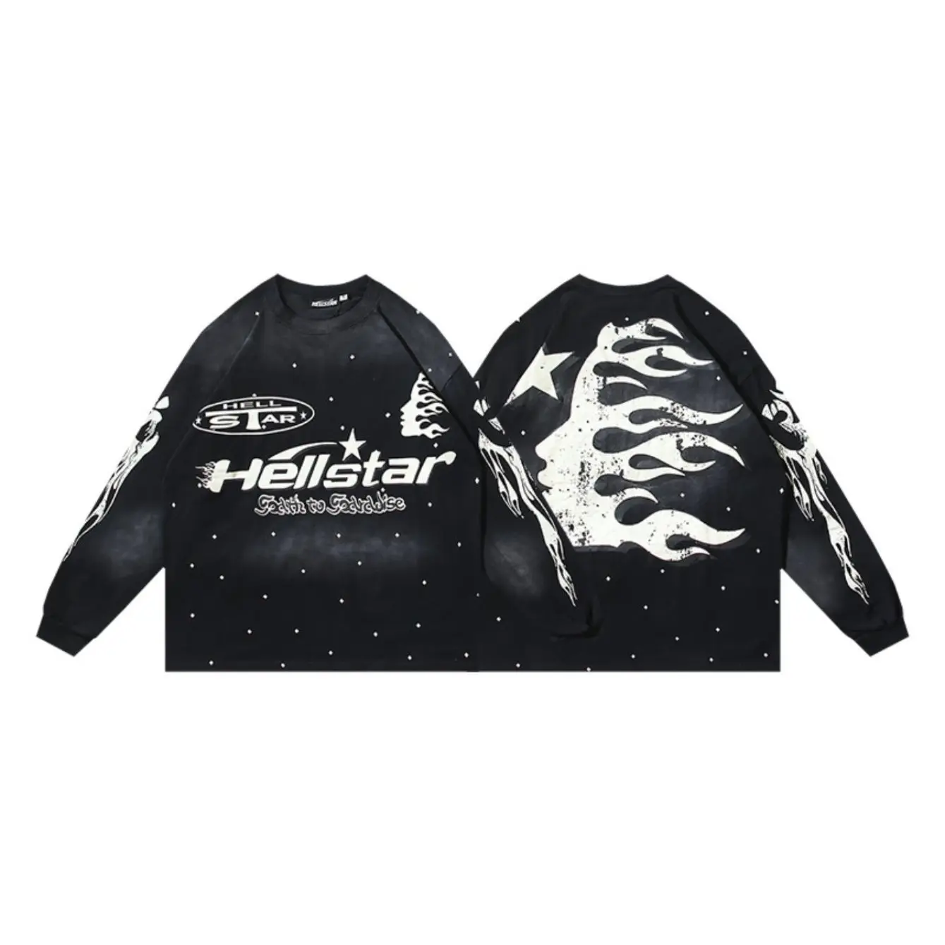 HellStar Men Vintage Acid Washed Long Sleeve Tee Oversized Retro Graphic Print Crewneck T-Shirt, Y2K Hip Hop Gothic Streetwear Casual Tops for Men Teens, Music Festival, Concert, Skate Punk, Daily Street & Outdoor Outfit