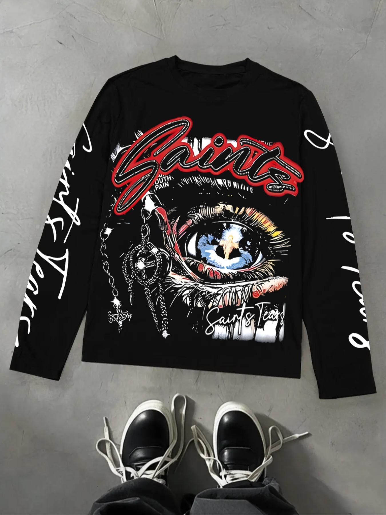 Trendy Dark Gothic Long Sleeve T-Shirt, Letter Eye Print, Chain