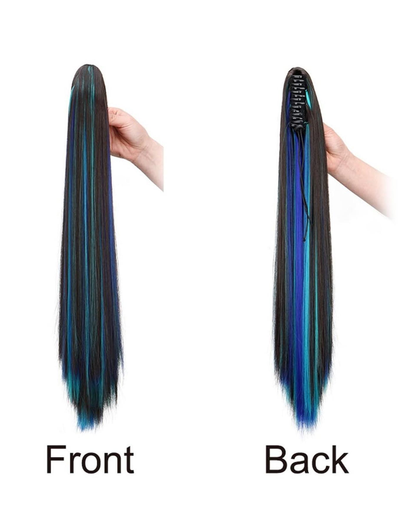 24inch Claw Clip In Synthetic Straight Ponytail Hair Extensions, Synthetic Ponytails - Pre-Bleached Multicolor Highlights (Blue/Green), Clip-On Hairpiece for Instant Volume & Highlights, Easy Application for Parties, Synthetic Fiber Extensions