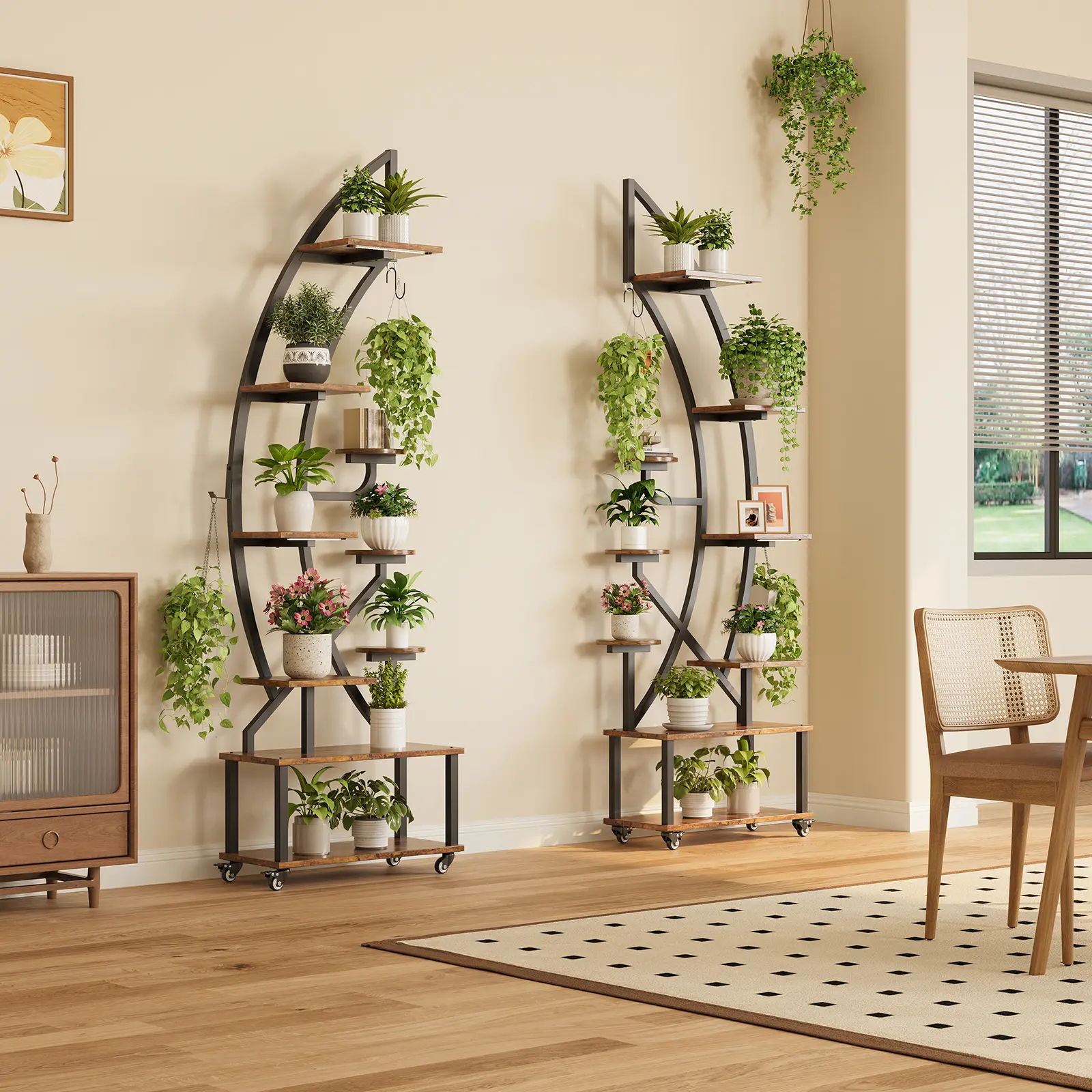 Indoor Corner Plant Stand with Grow Lights, 68" Tall 9-Tier Metal Plant Shelf on Wheels - Half-Moon 2-Piece Display Shelves for Living Room/Patio