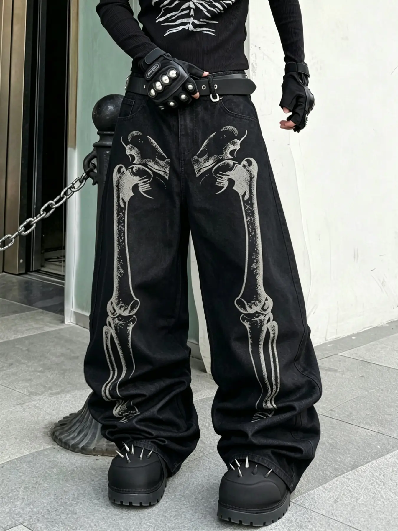 Men's Black Wide Leg Baggy Jeans, Skeleton Bone Print Denim Pants, Dark Gothic Y2K Hip Hop Streetwear, Halloween Outfit, All Seasons Wear, Perfect Gift for Boyfriends and Husbands（No Accessories Included）