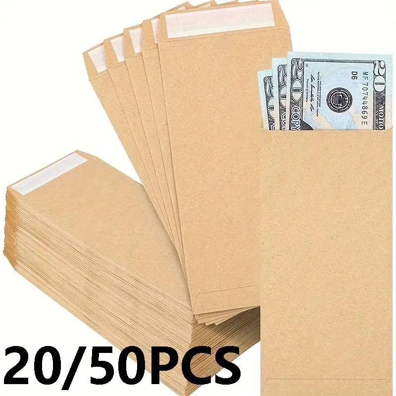 20/50pcs Kraft Paper Cash Envelopes, Cash Envelope System, Small Size 6.5x3.2 Inches, Self-Adhesive, Ideal for Saving Money, Coins, Checks, Budgeting, Organizing