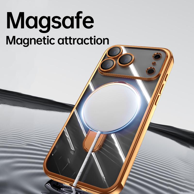 Compatible with iPhone 17 Pro Max 16 15 14 13 12 Case with Invisible Magnetic Ring Stand Compatible with Mag-Safe Full Camera Lens Protector Plating Clear Phone Case