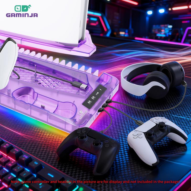 Gaming Console Charging Base, Dual Charging Stand with Earphone Hook, Vertical Cooling Support, Console Accessories for PS5 Controller, Charging Dock Accessories