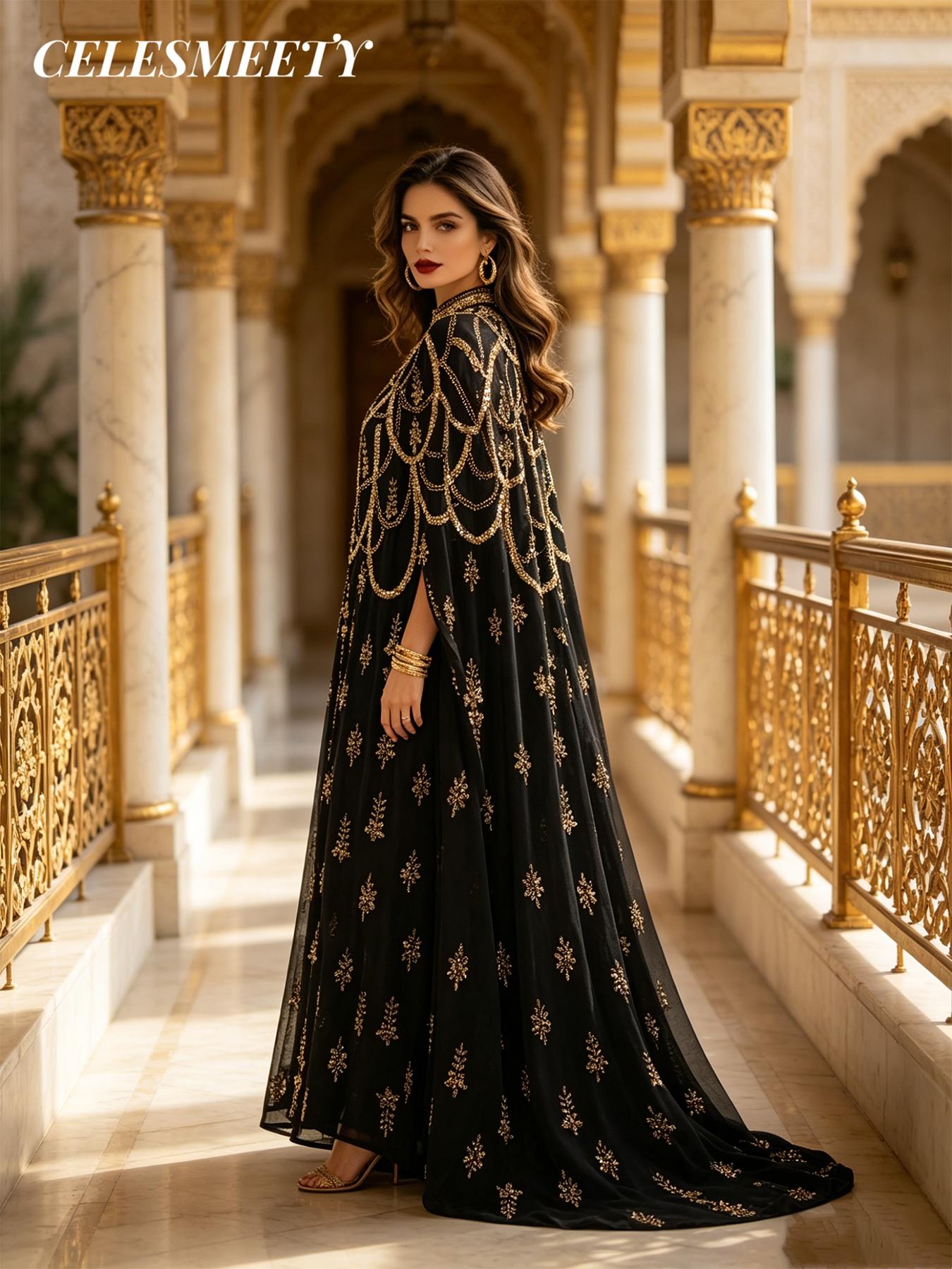 Celesmeety Muslim Sequin Long Robe, Plus Size Women's Islamic Clothing Mesh Kaftan, Jellabia Style Evening Gown, Elegant Dress for Holidays