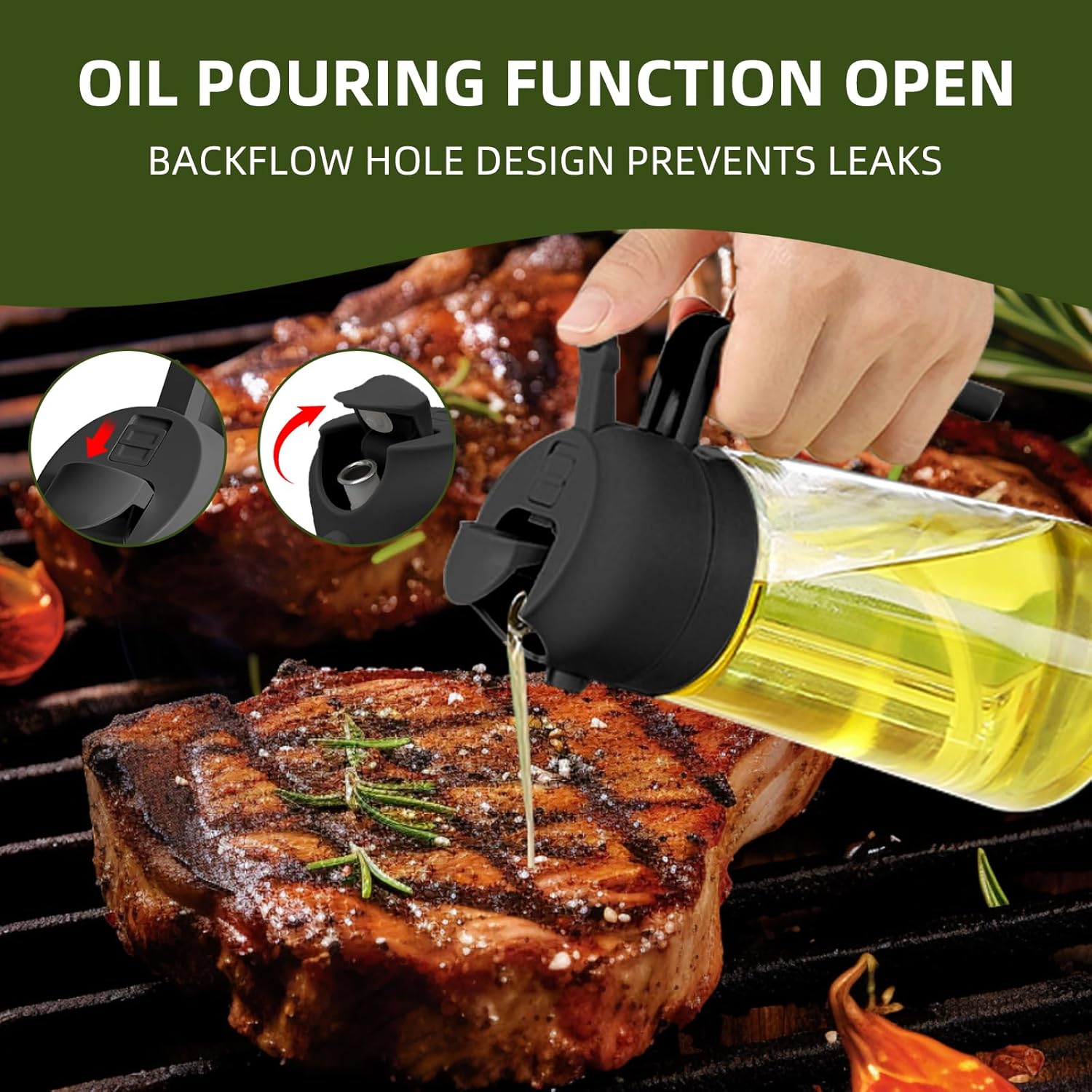 3Pack Kitchen Glass Oil Sprayer - 16oz/470ml 2 in 1 Dispenser Portion Control for Air Fryer BBQ Frying (Black+Green+White)