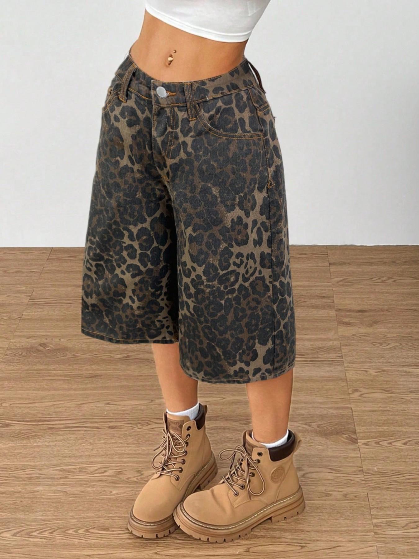 Women's Leopard Print Denim Capri Pants, Casual Wide Leg Loose Fit Shorts, Slant Pocket Design, Fashionable Versatile Summer Wear