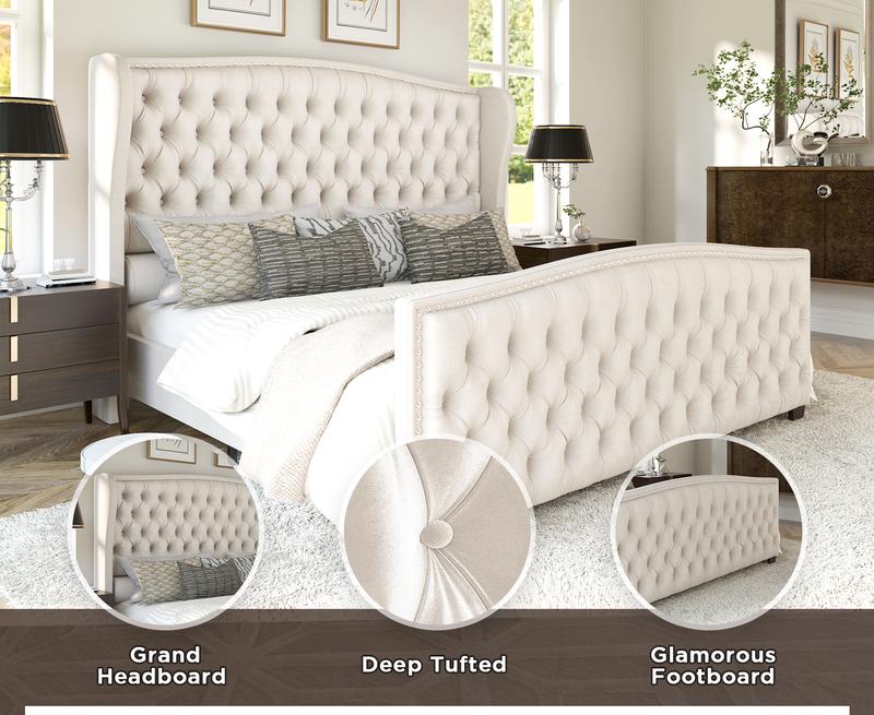 VanAcc Luxury Bed Frame, Velvet Upholstered Bed with Deep Button Tufted Design& Nailhead Trim Wingback Headboard, Unique Bedroom Furniture, No Box Spring Needed/Durability/KING/QUEEN