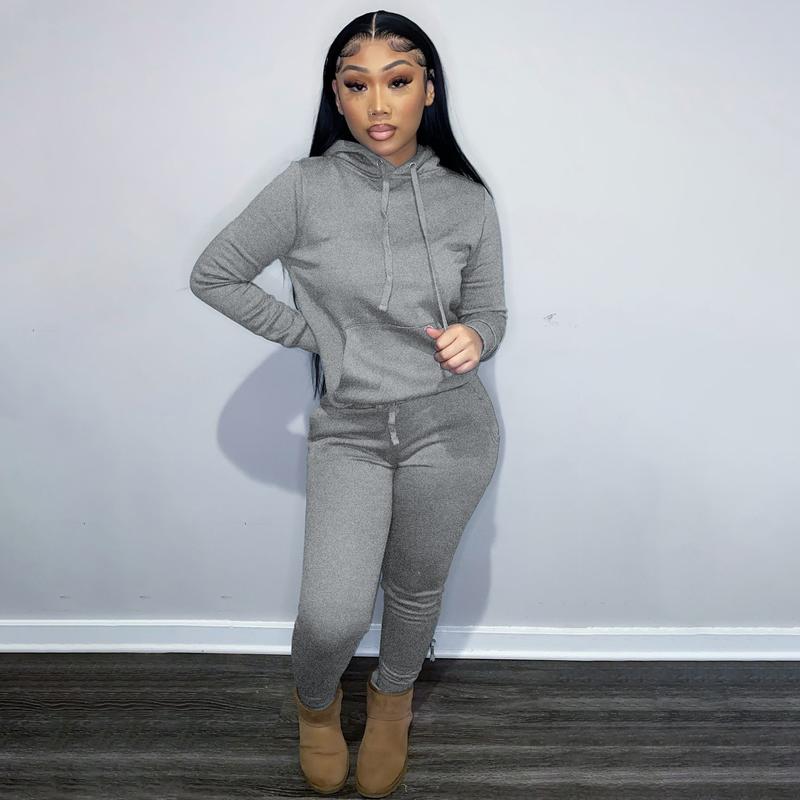 USBoutique Chic Women's Solid Drawstring Hoodie & Pocket Sweatpants Two-piece Set, Casual Long Sleeve Hooded Sweatshirt & Trousers for Fall, Womenswear Fall Clothes for Daily Wear, Downtown Girl Clothes, Girl with Blue Pants 2-piece woman