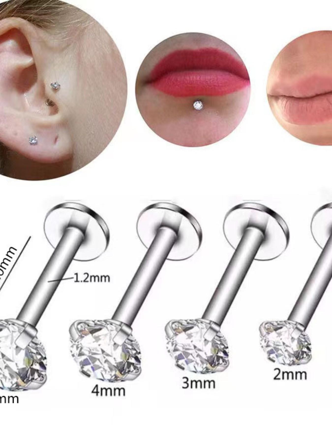 16g G23 Titanium Round Cz Top Internally Threaded Nickle Free Labret Piercing, Silver Color Earring, Flat Back Studs for Body Jewelry