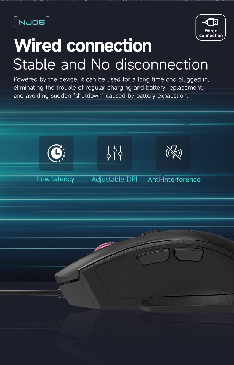 NJ05 wired office mouse with light sound buttons and finger drag design AJAZZ ergonomic office supplies mouse DPI3600 optical engine chip 125Hz 3D rubber roller lightweight 91g suitable for gaming and office use