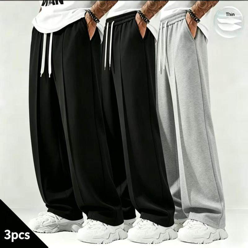Men's 3-Piece Casual Sports Joggers - Male Clothing, Breathable Fabric, Drawstring Waist, Loose Straight Wide Leg Pants with Slogan Print for Daily Outdoor Use