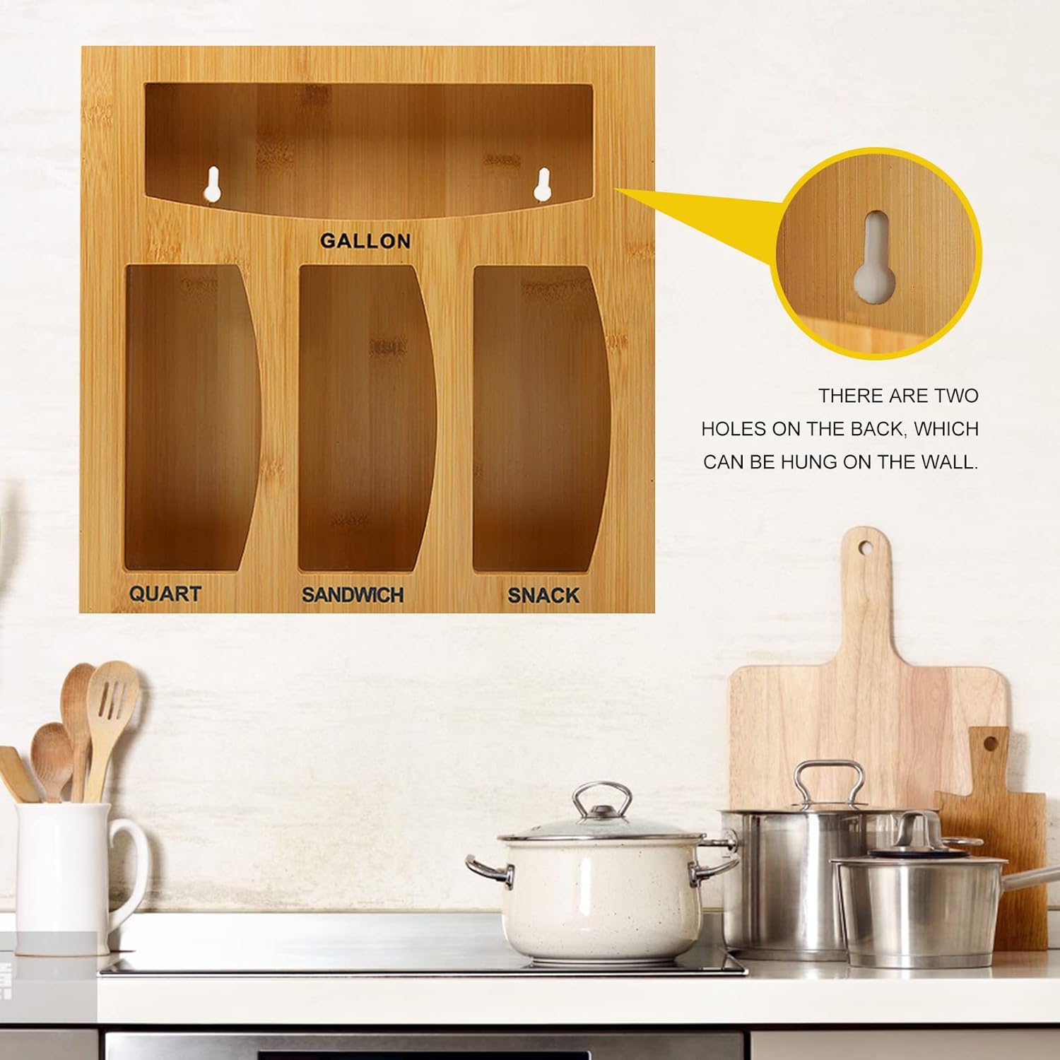 Bag Storage Organizer for Kitchen Drawer, Bamboo Organizer, Compatible with Gallon, Quart, Sandwich and Snack Variety Size Bag (1 Box 4 Slots), Eco-Friendly Kitchen Cabinet Organizer