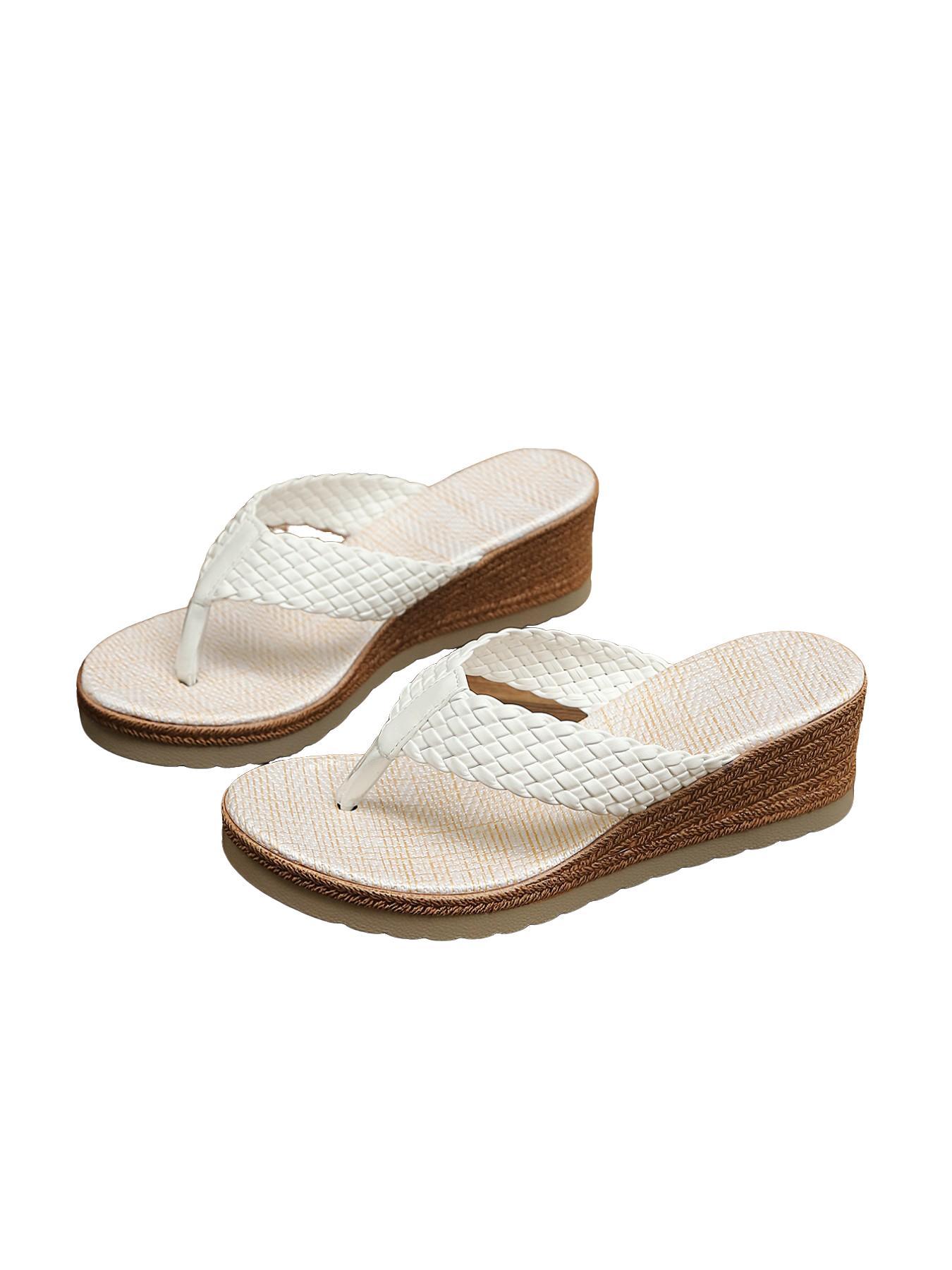 Summer Braided Wedge Sandals for Women, Thick Rubber Sole Height-Boosting Anti-Slip Platform Beach Flip Flops, Casual Outdoor Slip-On Shoes