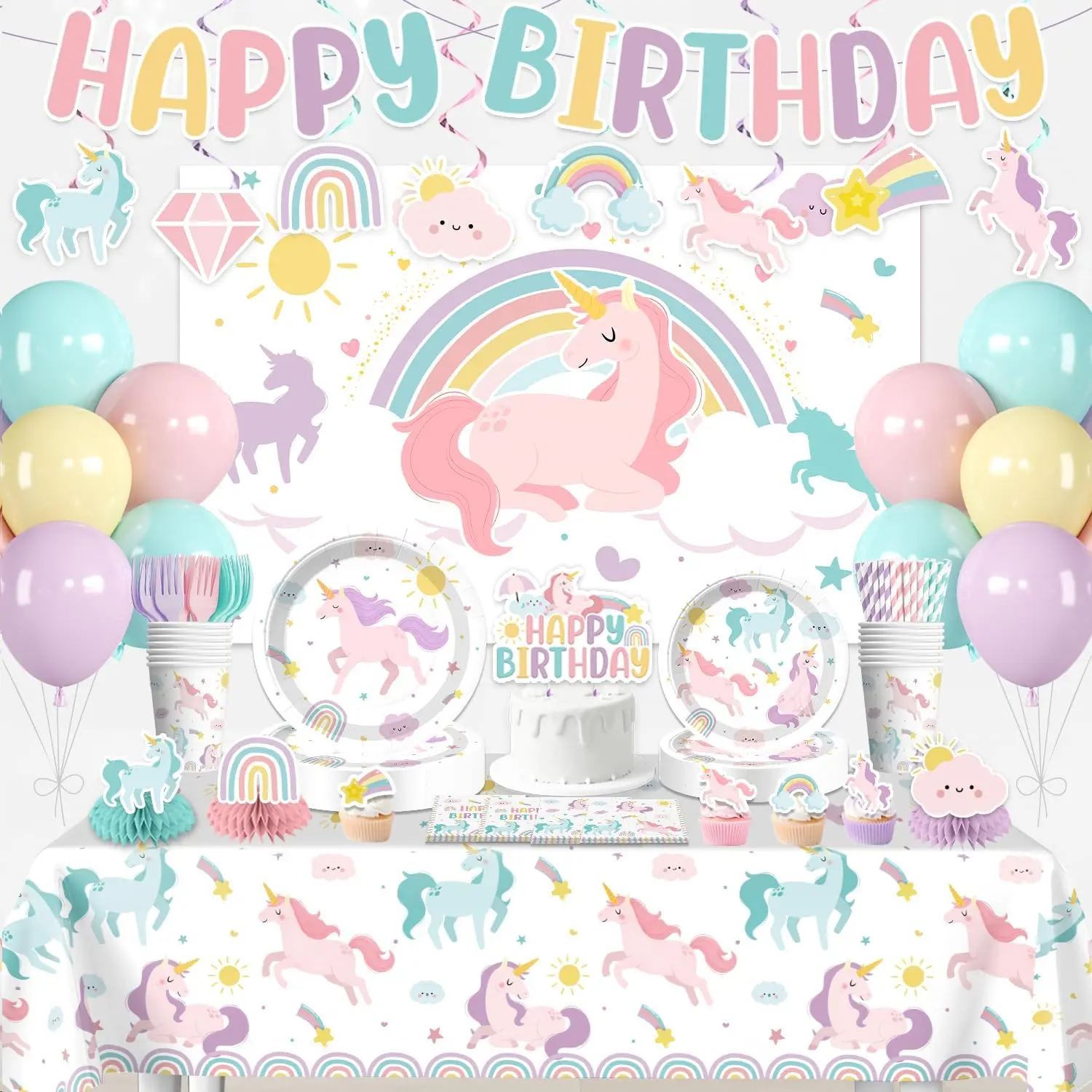 Xynic 216PCS Unicorn Birthday Decorations for Girls Serves 25| Includes backdrop, tableware, balloons and cake decorations for an all-in-one unicorn party setup