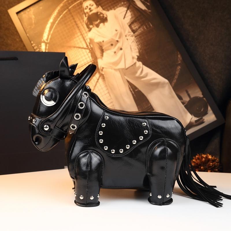 Unique Design Small Horse Bag for Women, Personalized Studs Fringe Animal Purse, Vintage Punk Style Handbag Shoulder Bag