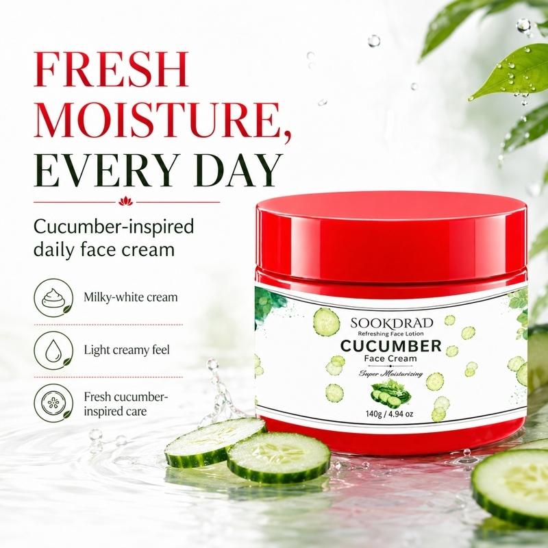 Cucumber Face Cream, Refreshing Facial Lotion, Super Moisturizing, Hydrating, For Face, Suitable For All Skin Types, 140g