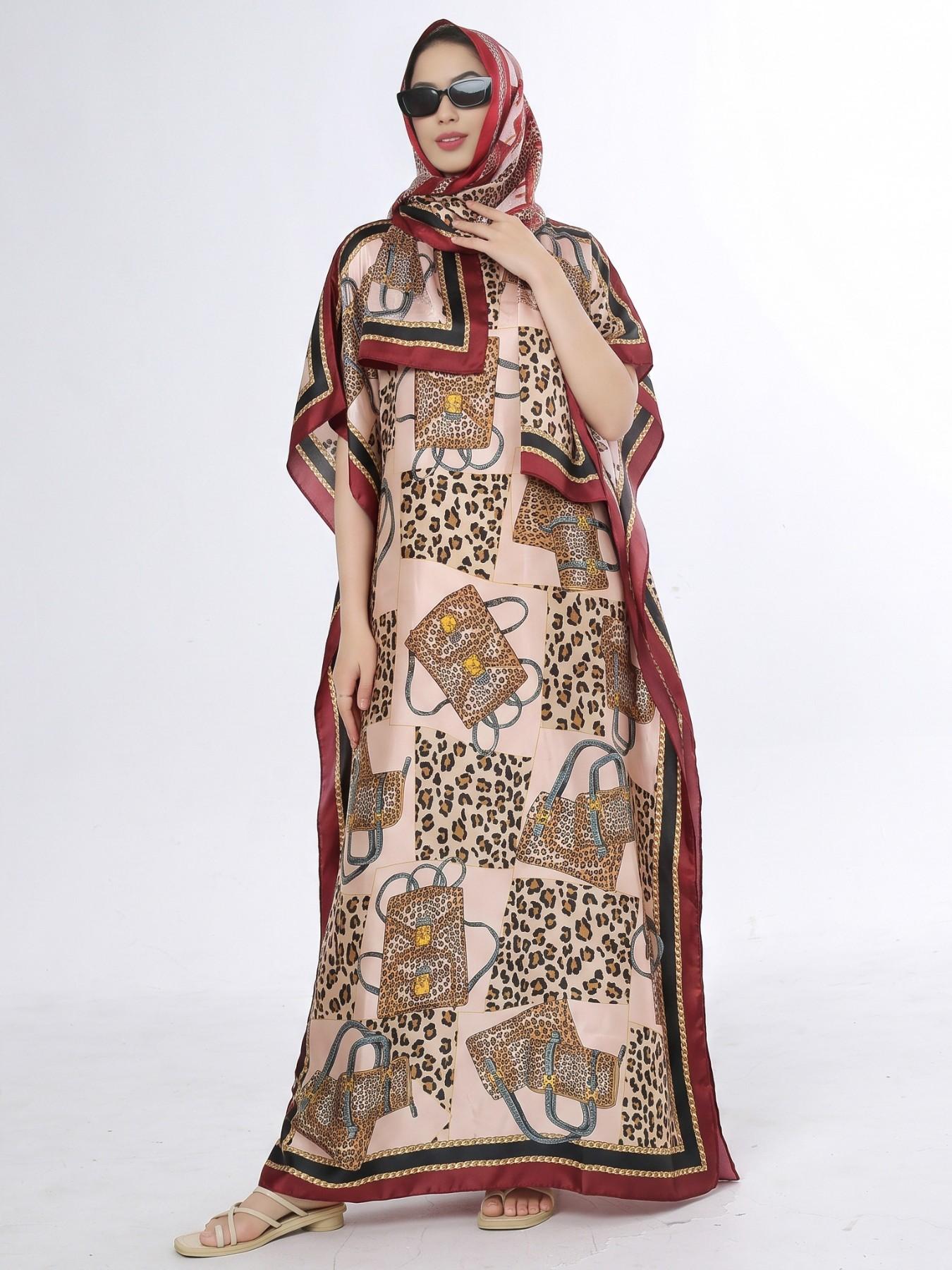 Women's Elegant Dynamic Print Silk-Feel Long Robe & Poncho Kaftan Set, Loose Satin Muslim Islamic Clothing Set Fashion Short Sleeve Maxi Dress & Scarf Two Piece Sets, Lightweight Going Out Outfit