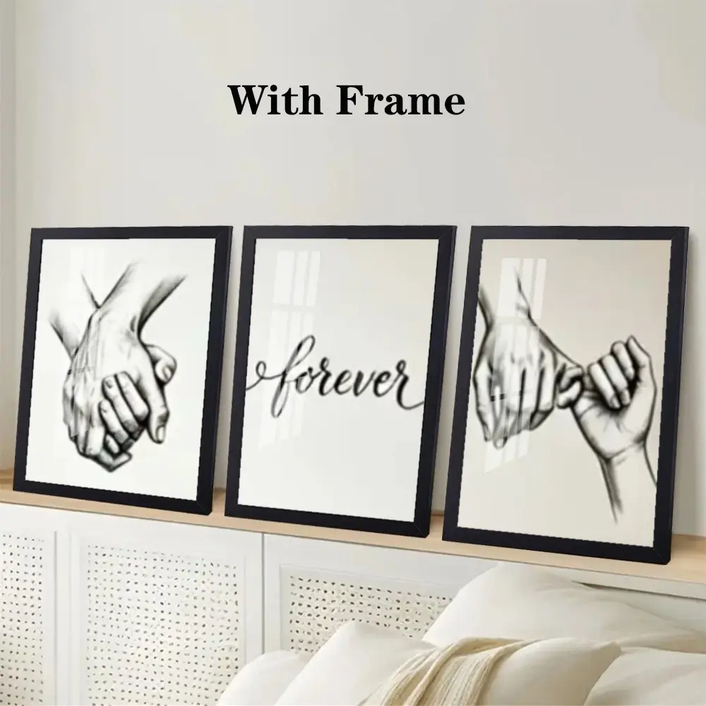3-piece Black & White Holding Hands Heart Line Couple Art Prints, Nordic Style Wall Decor, Wedding Room Decoration, Framed and Unframed Options Available
