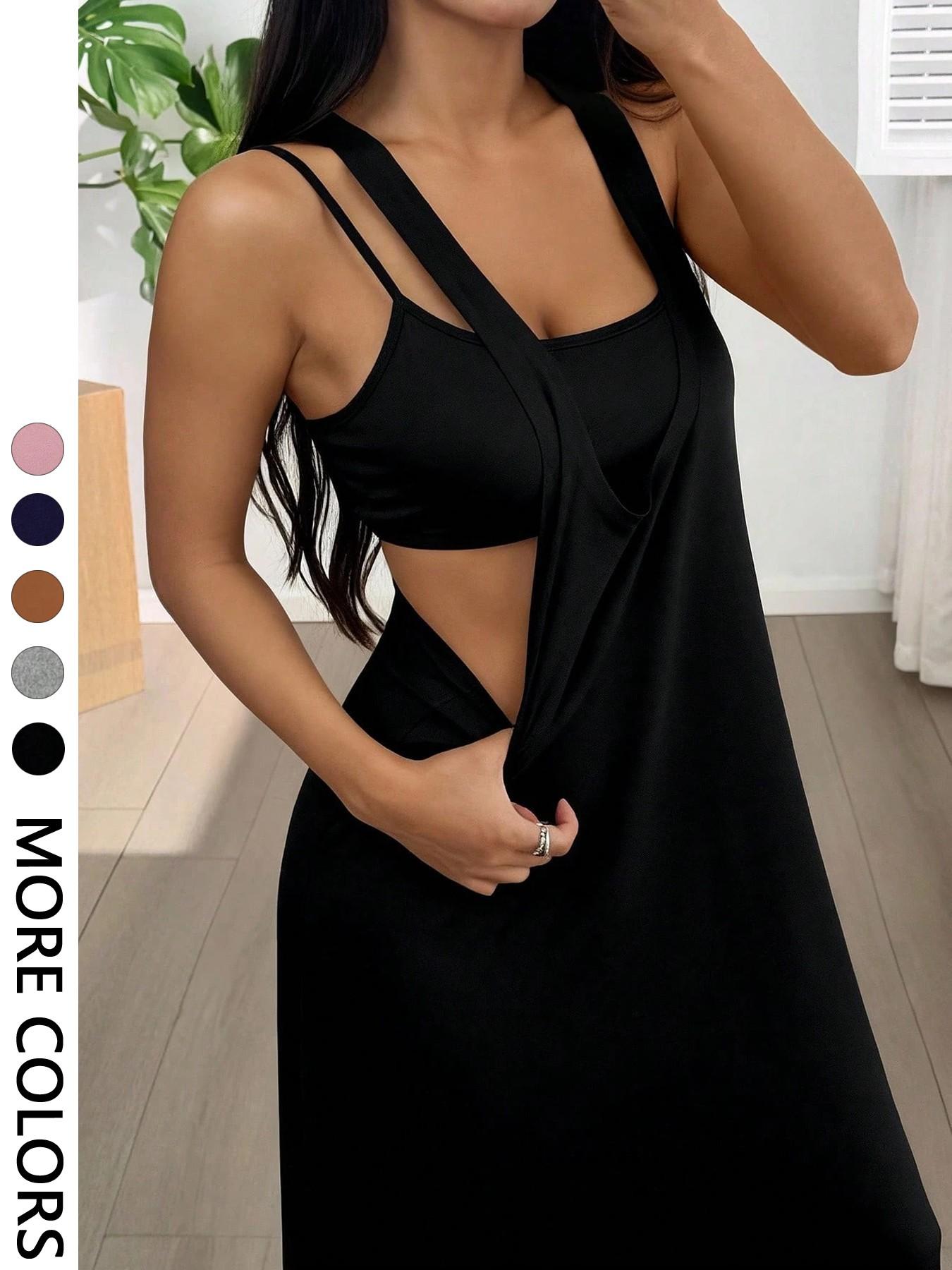 Women's 2pcs Heather solid color Tank Top & Cutout Maxi Dress Set , Soft Stretchy Fabric & Double-Strap Design Women's 2pcs Heather solid color Tank Top & Cutout Maxi Dress Set , Soft Stretchy Fabric & Double-Strap Design