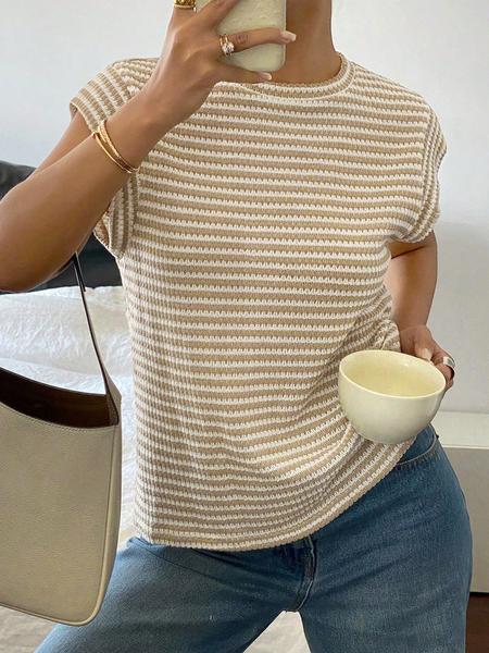 Women's Striped Print Crew Neck Tee, Casual Slim-fitting Cap  Sleeve T-shirt, Ladies Summer Clothes for Daily Wear, Top