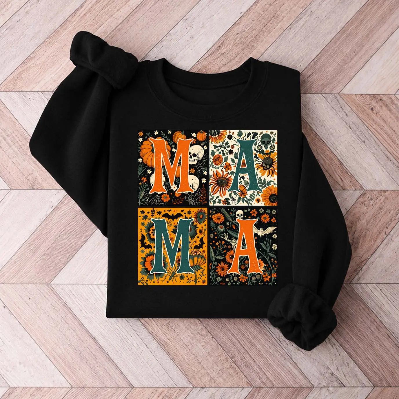 Women’s Halloween Mom Crewneck Sweatshirt - Vintage Pumpkin Skull & Floral Patchwork, Minimalist Cozy Fabric, Relaxed Silhouette Long Sleeve Fall Top, Machine Washable, for Halloween Parties & Pumpkin Patch Trips