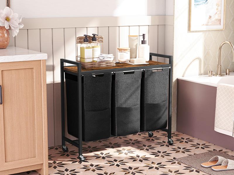 HOOBRO Laundry Sorter 3 Section, Laundry Hamper with Wheels, 3 × 11.5 Gal (43.4L), Rolling Laundry Basket, Pull-Out and Removable Oxford Fabric Laundry Bags, Rustic Brown and Black Clothes Organiser