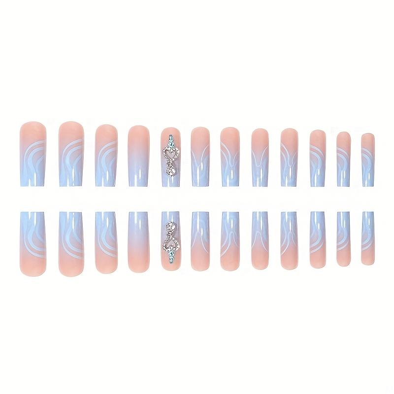 24 Piece Water Pipe Nail Art Set, Blue Gradient Rhinestone Pendant Design, Reusable Fake Nails for Women & Girls Daily Wear 24 Piece Water Pipe Nail Art Set, Blue Gradient Rhinestone Pendant Design, Reusable Fake Nails for Women & Girls Daily Wear