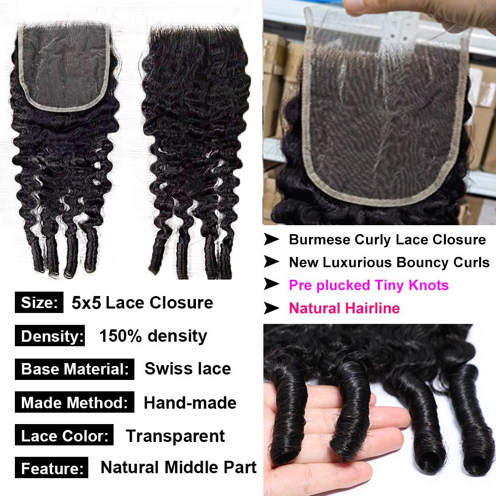 Burmese Curly Lace Closure 5x5 4x4 HD Transparent Lace 100% Virgin Human Hair Burmese Curly with Spiral Ends Lace Closure Free Part 15A Virgin Human Hair Extensions 180% Density Closure Pre Plucked Natural Black Color