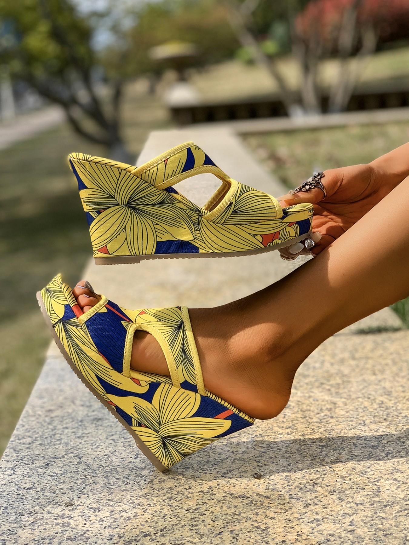 Summer 2026 New Fish Mouth Thick Sole Wedge Sandals, Hollow Out Print Slip-On Big Size Cool Slippers, Sexy Heeled High-Heel Shoes