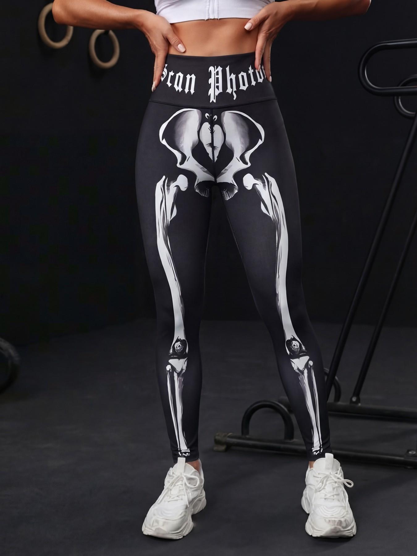 Women's Fashion Sportswear High-Waisted Skull Letter Print Yoga Pants, High Stretch Abdominal Support Gym Fitness Leggings
