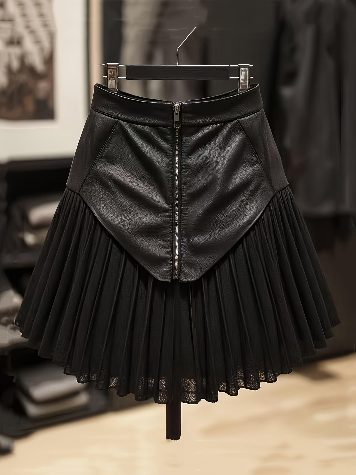 Elegant Women's High-Waisted Short Skirt, Leather and Mesh Patchwork Pleated Skirt, Casual Office Fashion, All-Season Wear, Zipper