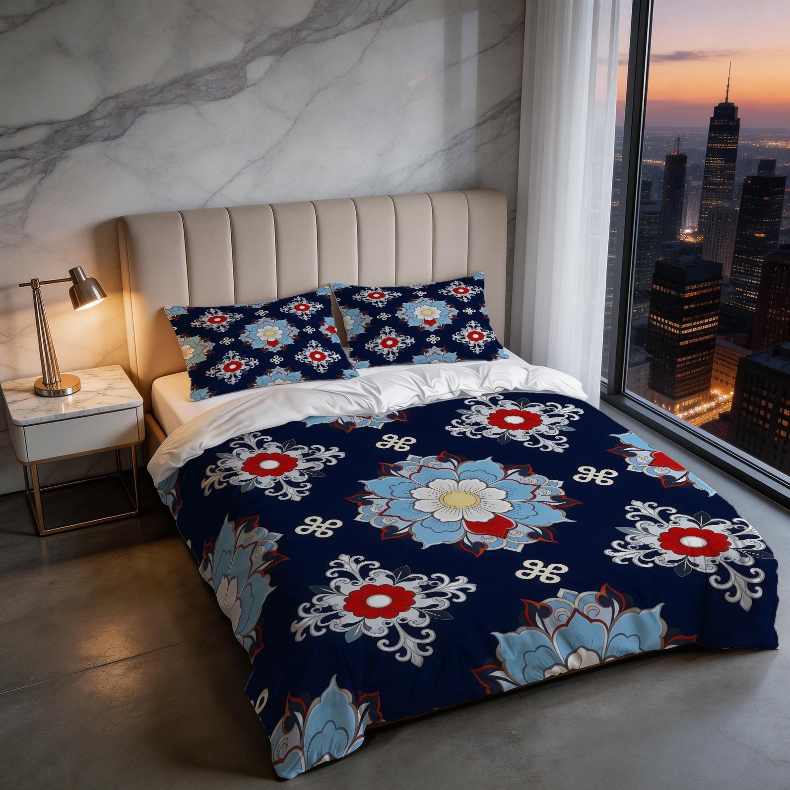 2/3 Piece Vintage Floral Mandala Duvet Cover Set, HD Digital Printed Comforter Cover, Soft Breathable All-Season Bedding Set with Zipper & Corner Ties, No Inserts for Bedroom Decor