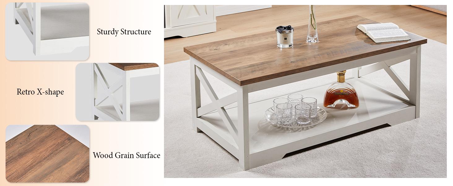 AMERLIFE 5-Piece Farmhouse Table Set Include 63" TV Stand with 26" Fireplace, 40" Coffee Table, 2 End Tables with Charging Station & USB Ports, Living Room Table Sets with Barn Door, Rustic Oak&White