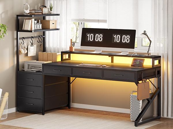 SEDETA 55 Inch Reversible Gaming Desk with 6 Drawers PC Desk with LED Lights Power Outlet Corner Computer Desk with Monitor Stand