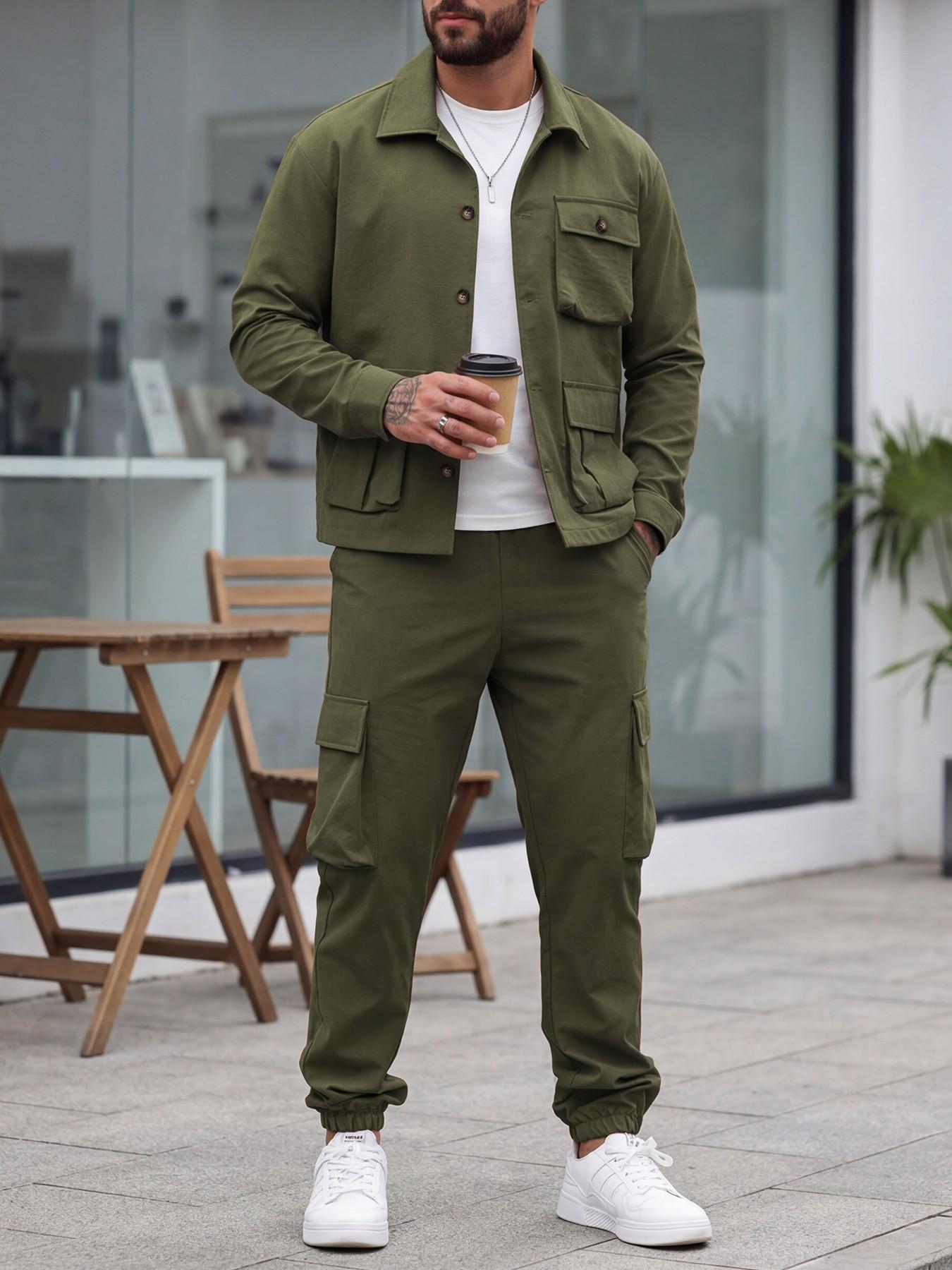 BTMK LONG SHIRTS CARGO PANTS セットアップ Men's Casual Trendy Lightweight Comfortable Big Pocket Long Sleeve