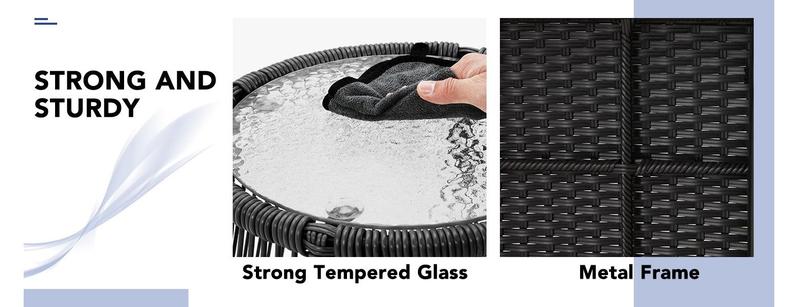 Patio Conversation Bistro Set, Outdoor All-Weather Wicker balcony Furniture with Tempered Glass Top Table Wide Ergonomic Armchairs, Seat Cushions for Porch, Backyard