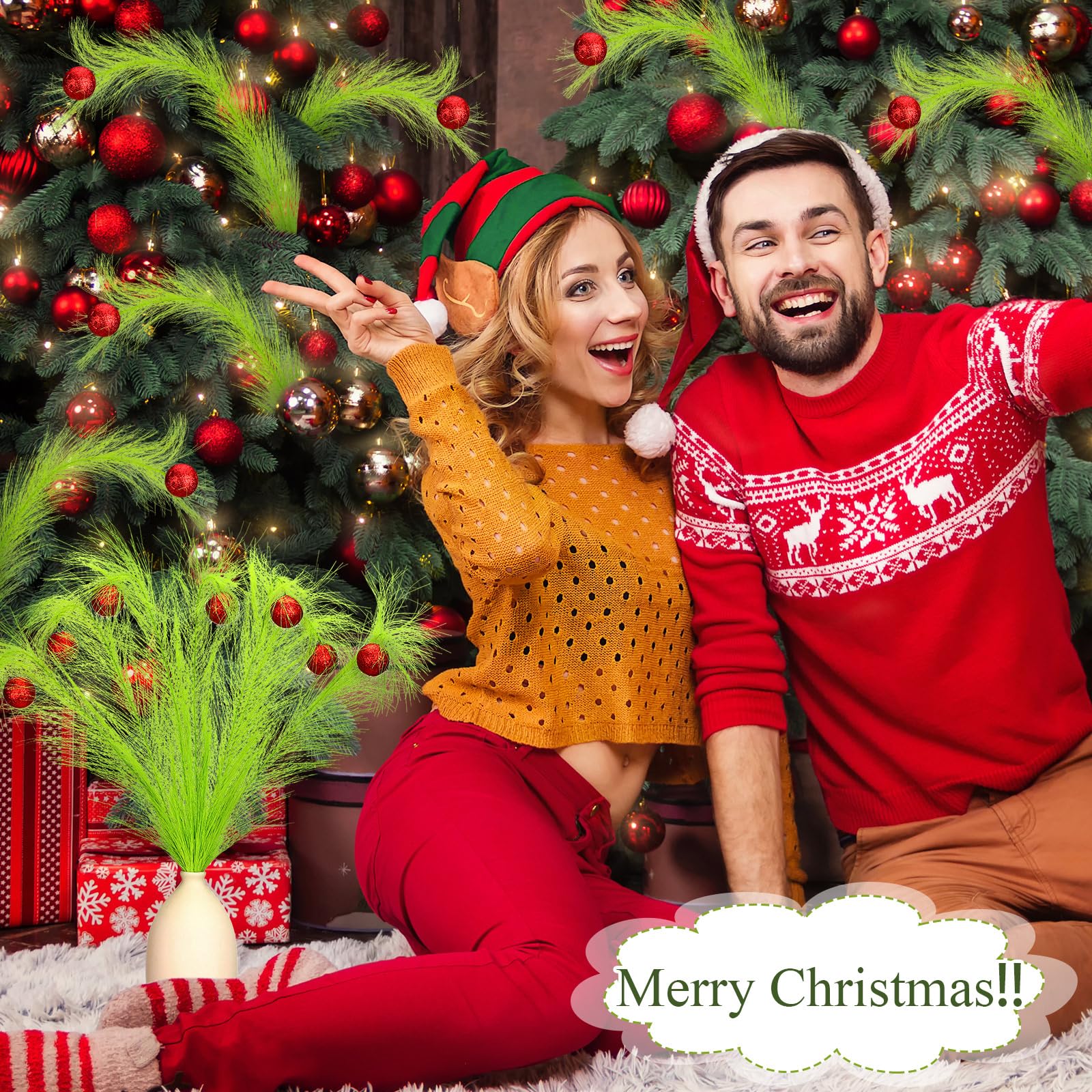 Christmas Clearance Sale Christmas Ornaments Green Furry Picks Fluffy Cuttable Christmas Tree Topper Set Xmas Tree Branch, Faux Pampas Grass Bendable Picks, Curly Artificial Stems with Berry Red Ball Wreath Vase Filler Holiday Home Christmas Decor