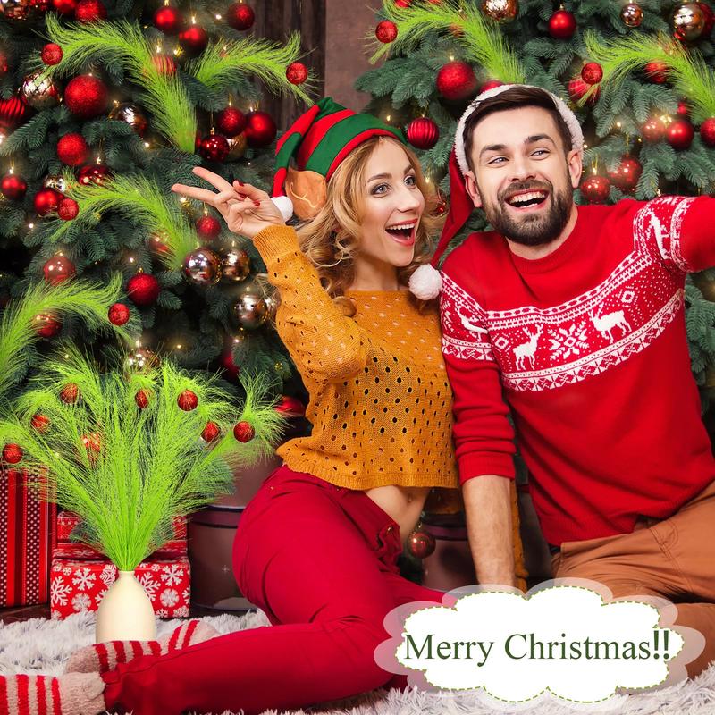 Christmas Clearance Sale Christmas Ornaments Green Furry Picks Fluffy Cuttable Christmas Tree Topper Set Xmas Tree Branch, Faux Pampas Grass Bendable Picks, Curly Artificial Stems with Berry Red Ball Wreath Vase Filler Holiday Home Christmas Decor