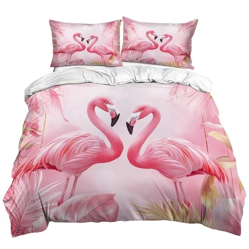 Creative Flamingo Pattern Polyester Bedding Set, Soft Comfortable Home Decor, Includes Duvet Cover and Pillowcases, All Seasons