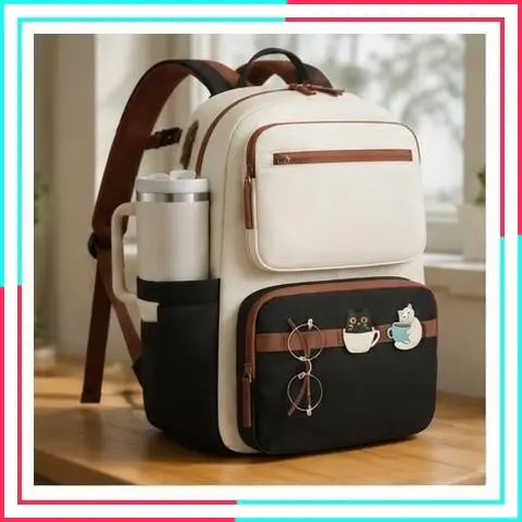 Laptop Backpack for Women, Work Teacher Backpack with Large Cup Holder, 15.6 Inch Computer Bookbag for Girls, College School Bag, Black White Brown