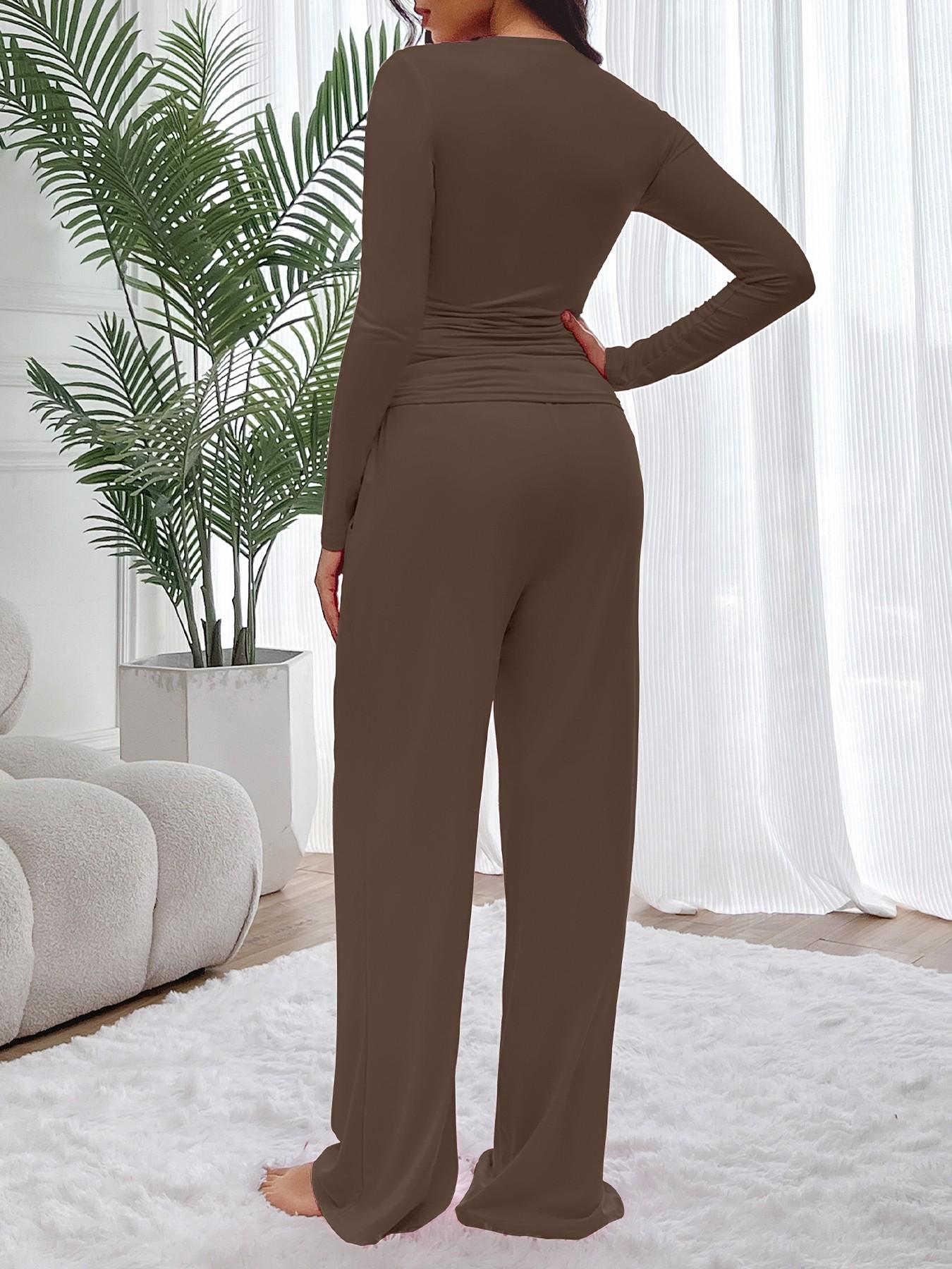Women's 2-Piece/6-Piece Plain Slim-Fit Long Sleeve Top Pants Sleepwear Set, Pajama Set, Soft Comfortable Homeewear, Home Leisure Wear, Casual Yoga Wear, Loungewear, Loungewear Nightwear Set