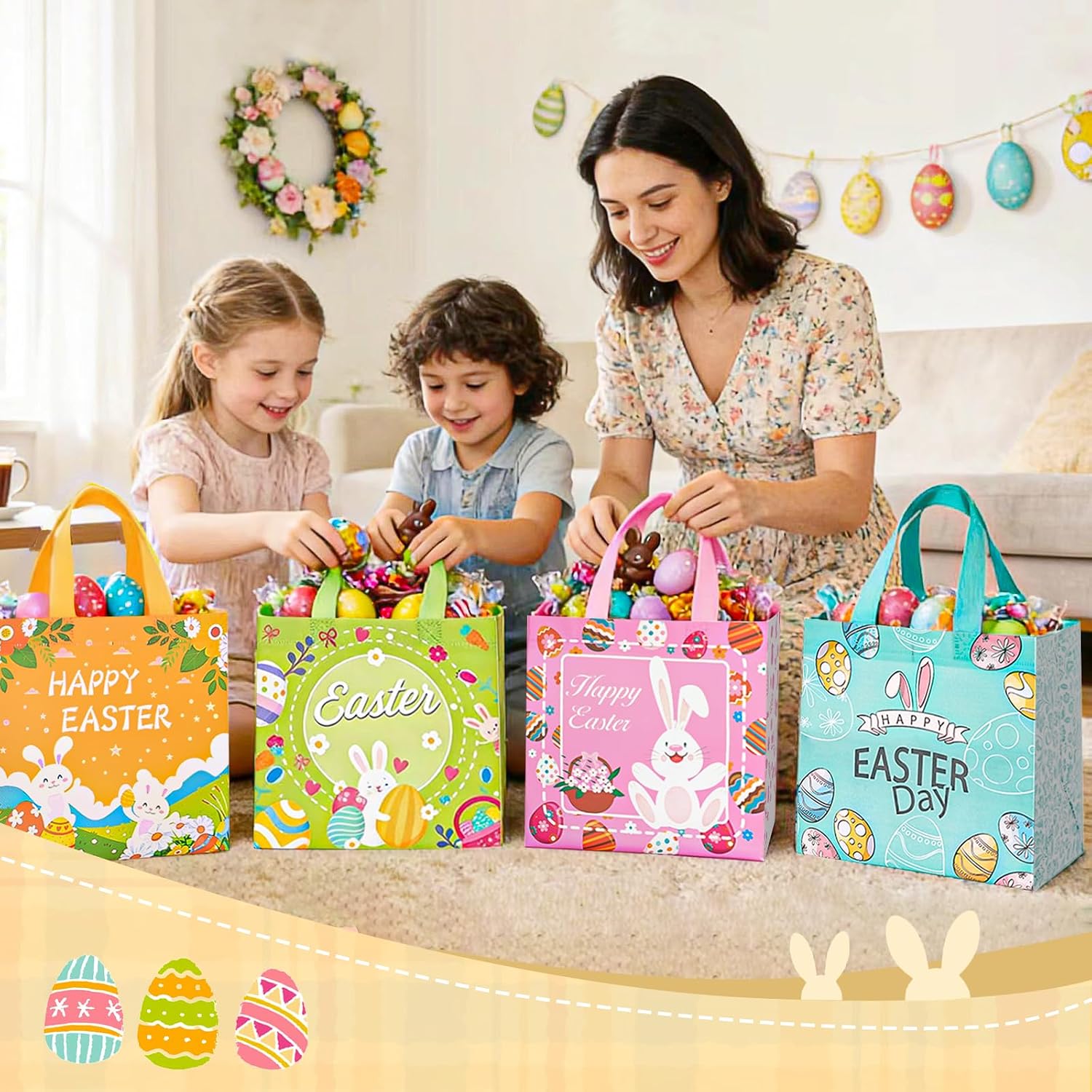 Easter  Bags with Handle,  Easter Basket Non-Woven Bunny  Goodie Bag Easter Egg Hunt Bags for Easter Party