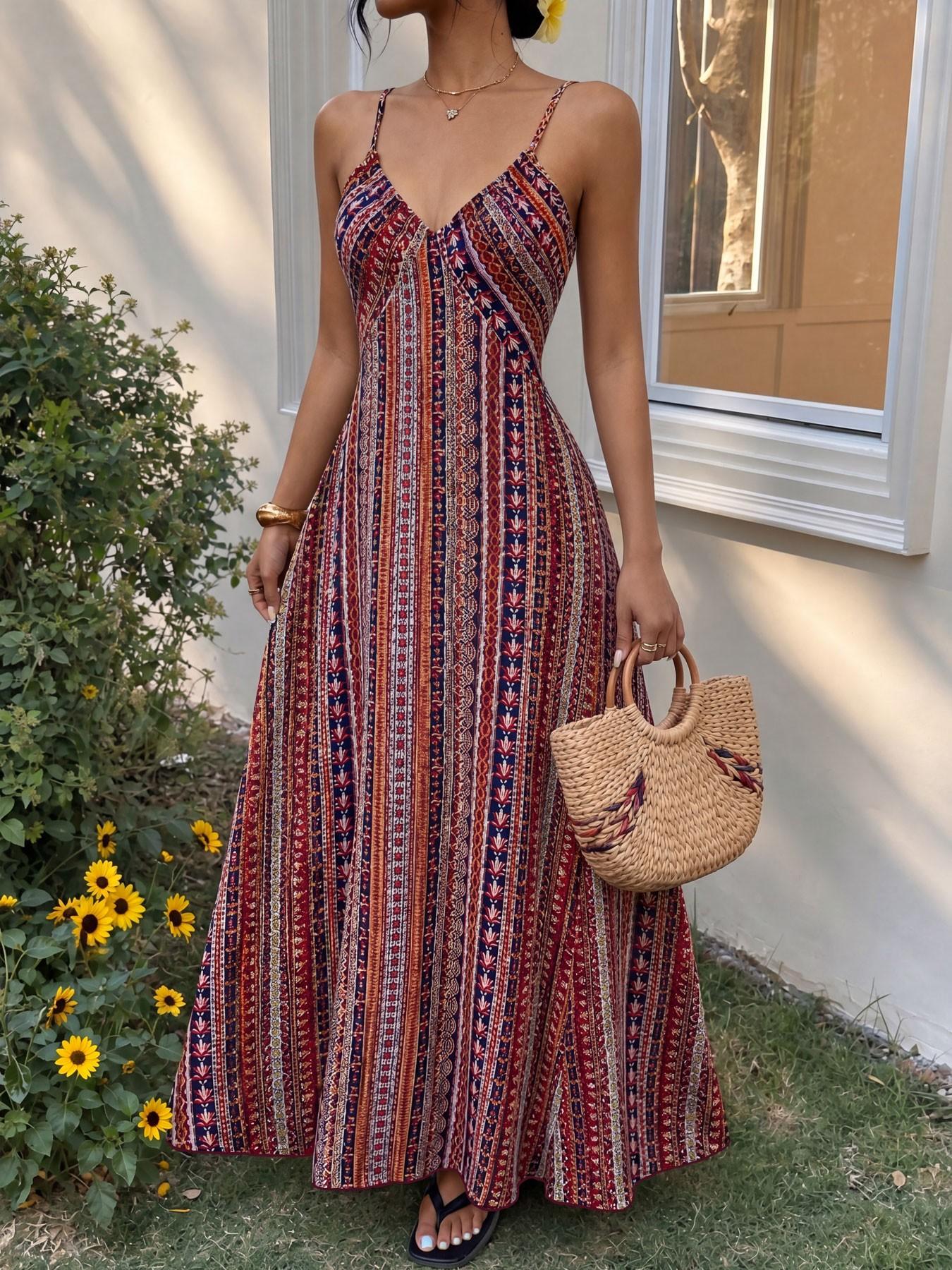 Women's Printed Split Long Sleeveless Dress, Classic Stripe Design, Backless Criss Cross Strap, Spring Summer Fall Wear, Casual Boho Elegant Bohemian Style Womenswear, Boho Summer Dresses