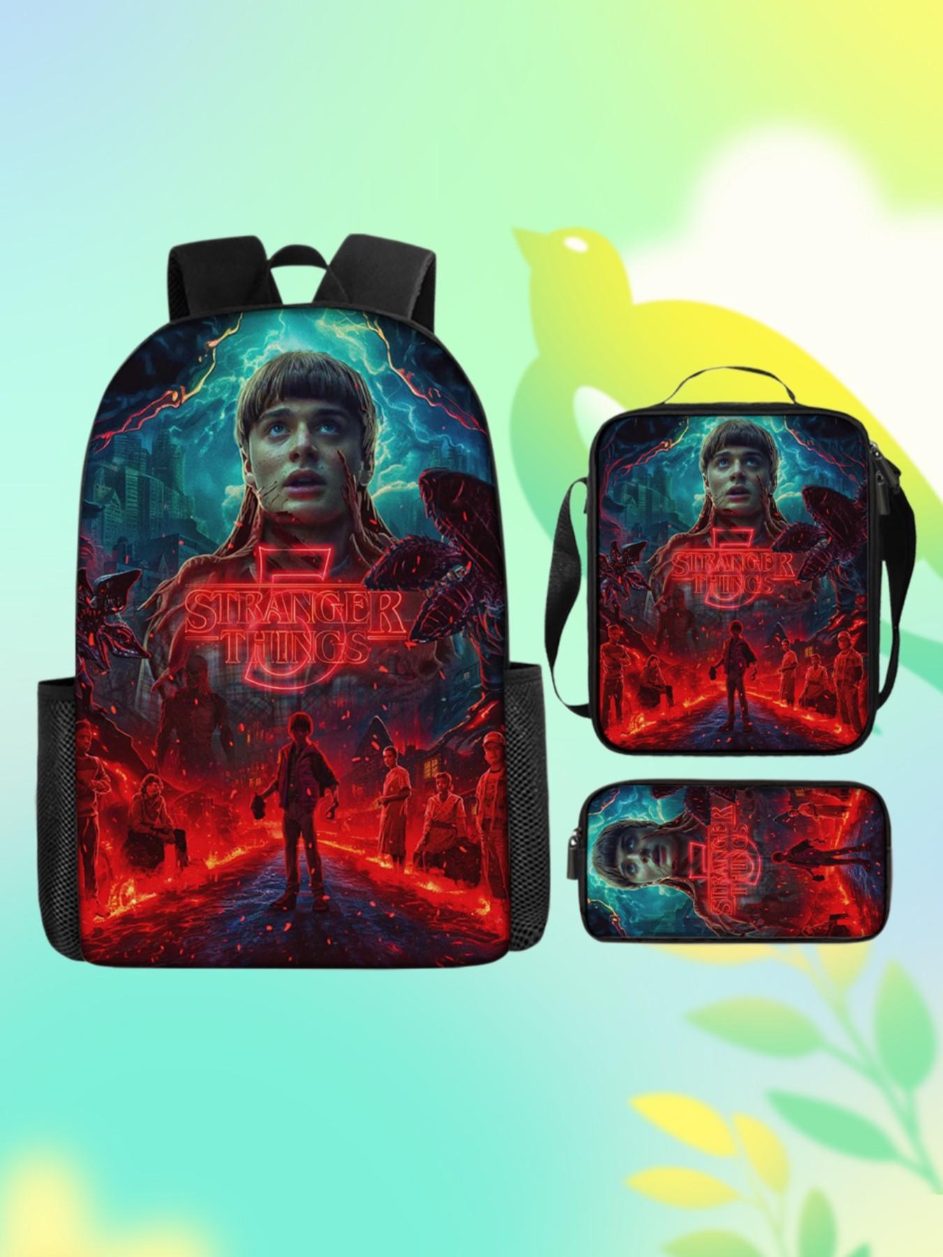 3pcs Stranger Things Season 5 Backpack Set, Hawkins Will Fall Print School Bag, Lunch Bag, Pencil Case, Netflix Series Daypack for Teens