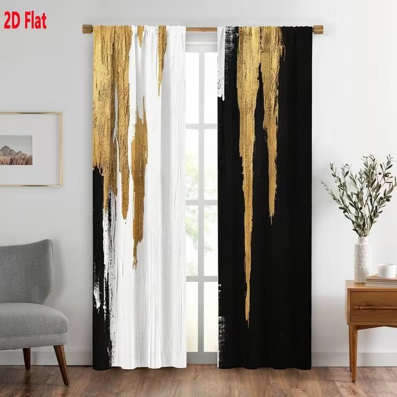 2 pieces of abstract printed curtains with gold dots pattern, made of polyester and semi-transparent, machine washable, suitable for bedrooms, living rooms and home decoration.