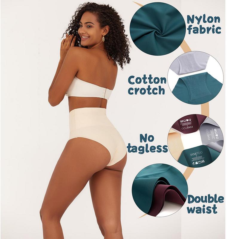 FINETOO Unite Store 4PCS Women's High-Waisted Underwear Spandex Bikini Seamless Panties Nylon Brief Basic Lingerie S-3XL Minimalist Elastic Tummy-Tuck