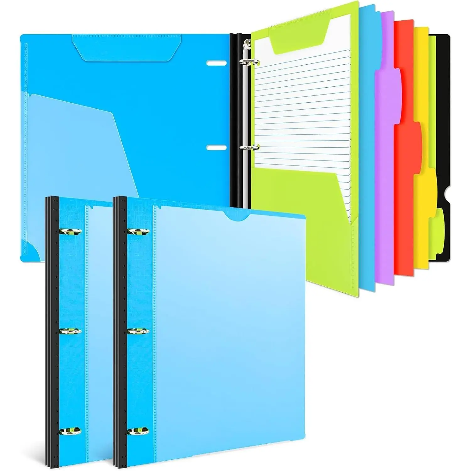 All-in-one Telescoping Binder Notebook - 2PCS, Refillable 3 Ring Notebook Binder with 1 plastic movable pocket folder,5 plastic subject dividers and graph paper and college ruled paper - Blue
