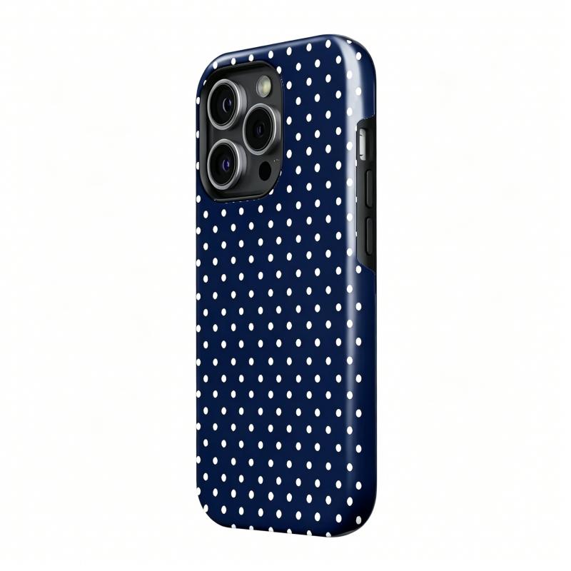 Blue Dot iPhone Case Compatible with iPhone 17 ProMax 16Pro 15 14 13 12 11 Samsung 26 25 Ultra Plus 24 23 22 21 Double Layer Protective Casing Navy Blue Polka Dot iPhone Case Classic Preppy Protective Cover