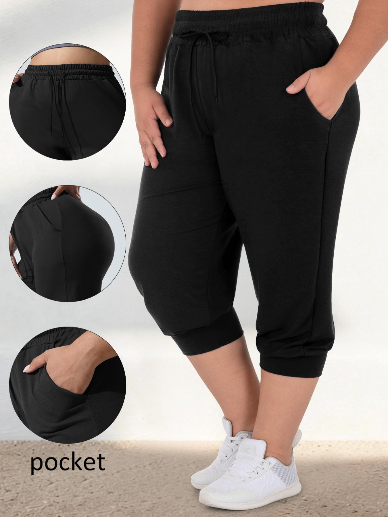 Women's Plus Size Capri Sport Pants with Pockets, High Elasticity, Adjustable Drawstring, Soft Casual Fit, Comfortable and Stylish